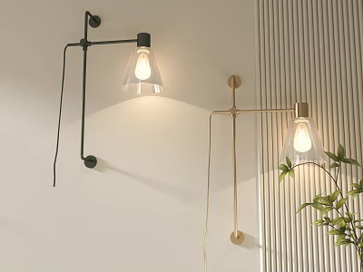 Modern Wall Lamps Transparent Shades Black Gold Fixtures White Wall Vertical Stripes And Green Plant 3d model