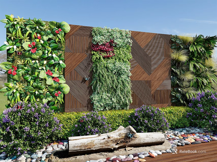 Living Plant Wall with Diverse Greenery Wooden Accents Enhancing Outdoor Space with Pebbles and Shrubs 3d model 