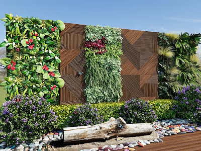 Living Plant Wall with Diverse Greenery Wooden Accents Enhancing Outdoor Space with Pebbles and Shrubs 3d model