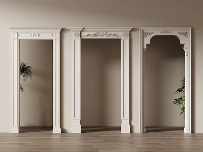 Elegant White Carved Door Arches Against Beige Walls With Wooden Flooring And Green Plants 3d model