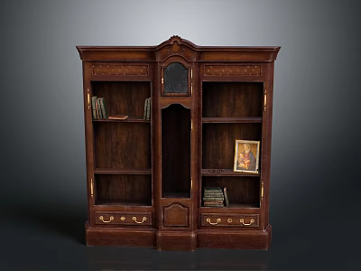 Dark Wood Display Cabinet Featuring Glass Doors And Shelves With Books And Painting 3d model