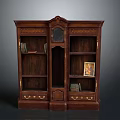 Dark Wood Display Cabinet Featuring Glass Doors And Shelves With Books And Painting