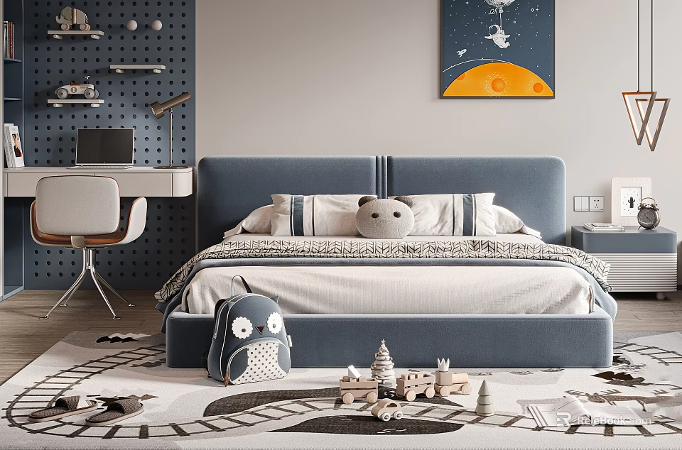 Modern Kids Bed with Blue Headboard White Bedding Space Art Desk and Toys on Rug 3d model 