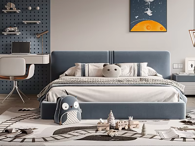 Modern Kids Bed with Blue Headboard White Bedding Space Art Desk and Toys on Rug 3d model
