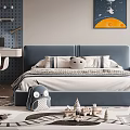 Modern Kids Bed with Blue Headboard White Bedding Space Art Desk and Toys on Rug