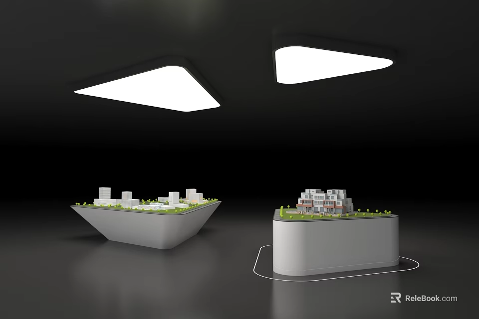 Display Shelves With Irregular And Square Design Holding Small Building Models Under Triangular Ceiling Lights 3d model 