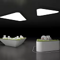 Display Shelves With Irregular And Square Design Holding Small Building Models Under Triangular Ceiling Lights