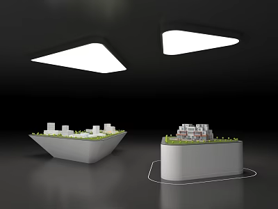 Display Shelves With Irregular And Square Design Holding Small Building Models Under Triangular Ceiling Lights 3d model