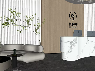 Modern Reception Area With Marble Desk Sofa Green Plant And Wooden Wall 3d model