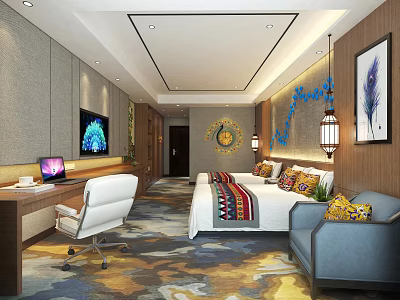 Modern Hotel Guest Room Interior With Bed Sofa Desk TV Pendant Lamp And Ethnic Decor 3d model