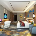 Modern Hotel Guest Room Interior With Bed Sofa Desk TV Pendant Lamp And Ethnic Decor