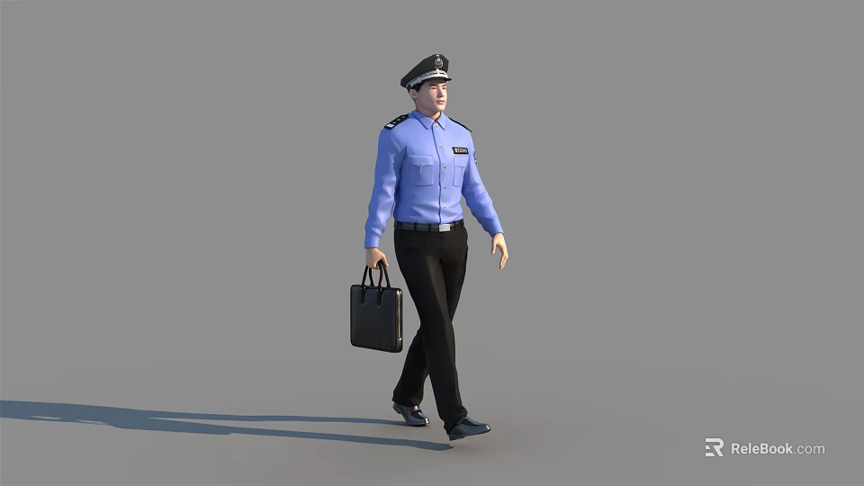 A Man in Blue Uniform with Hat Carrying Black Briefcase Walking 3d model 