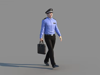 A Man in Blue Uniform with Hat Carrying Black Briefcase Walking 3d model