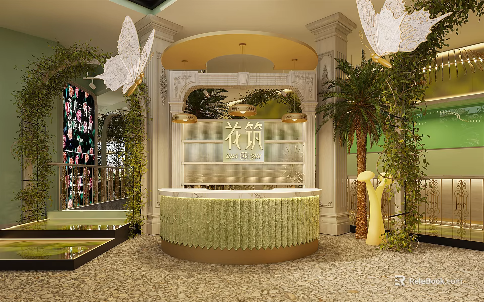Elegant Restaurant Interior With Butterfly Decor Green Plants Palm Trees And Warm Lighting 3d model 