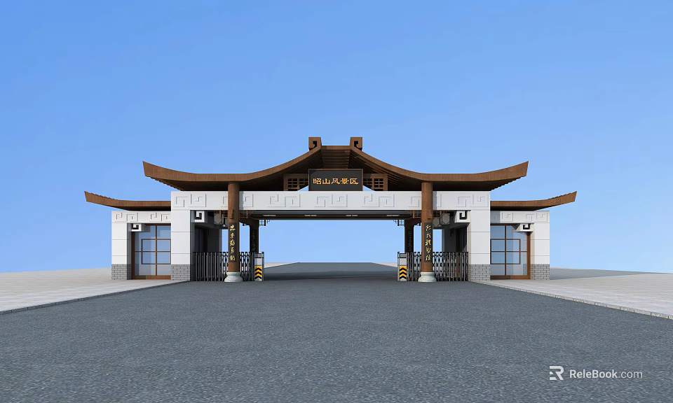 Grand Traditional Chinese Entrance Gate With Ornate Curved Roof And Stone Pillars 3d model 
