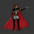 Game And Movie Character Red Haired Black Skull Top Red Cape Holding Sword And Gun