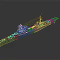 Detailed Military Warship 3D Model With Classic Naval Structure Design