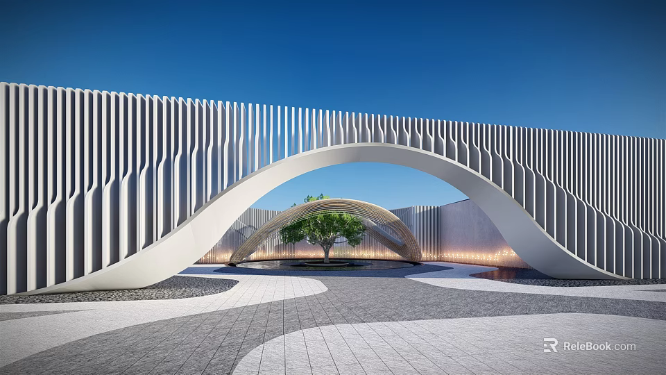 Modern Landscape Sculpture With Arched Vertical Striped Design Against Blue Sky And Paved Ground 3d model 