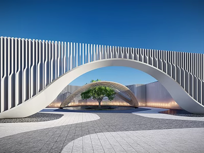 Modern Landscape Sculpture With Arched Vertical Striped Design Against Blue Sky And Paved Ground 3d model