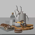 Freshly Baked Bread Pomegranate And Small Cake On Wooden Cutting Board With Glassware And Teapot