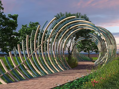 Garden Landscape Design With Spiral Arch Structure Wooden Glass Strips Green Plants And Brick Path 3d model