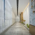 Modern Office Hallway Design With Marble Walls Elegant Lighting And Tiled Floor