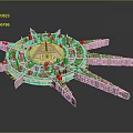 Cartoon Scene Featuring Central Pyramid With Radial Mechanical Structures And Light Colored Reflective Design 3d model