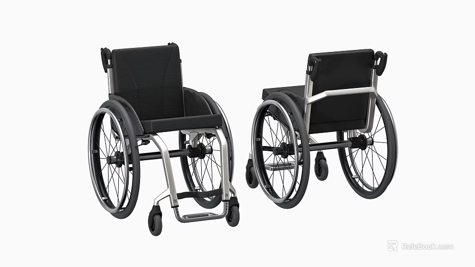 Medical Equipment Two Wheelchairs With Black Seats Silver Frames And Rolling Wheels 3d model 