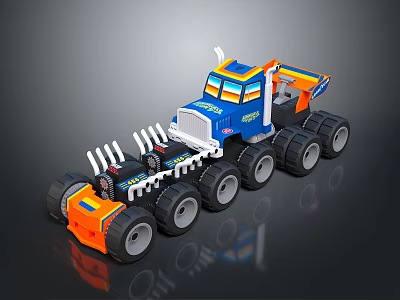 Colorful Blue And Orange Toy Truck With Multiple Large Wheels For Kids Play 3d model
