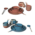 Elegant Red and Blue Stackable Tableware Set with Bowls Plates Spoons and Chopsticks 3d model