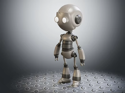 Silver Mechanical Robot With Round Eyes Standing On Circular Patterned Floor 3d model