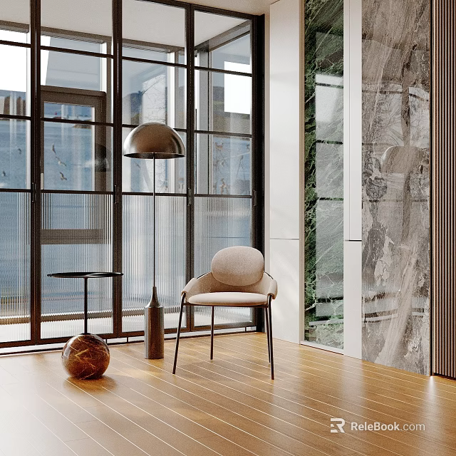 Modern Interior Design With Floor to Ceiling Windows Beige Chair and Marble Wall 3d model 