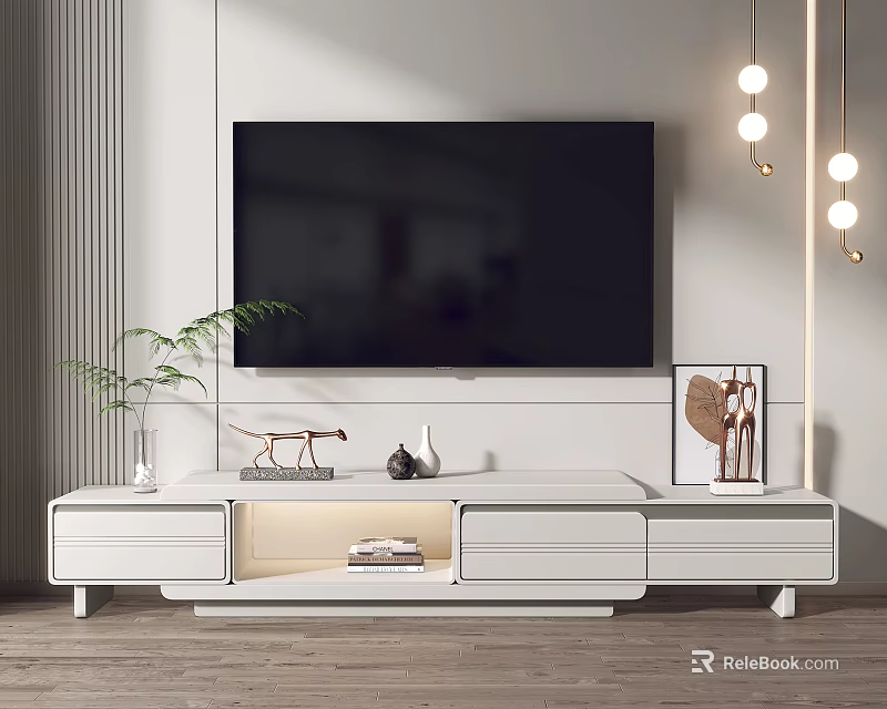Modern White TV Stand With Storage Drawers And Decorative Items In Living Room 3d model 