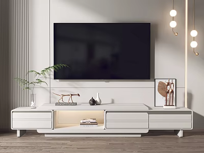 Modern White TV Stand With Storage Drawers And Decorative Items In Living Room 3d model