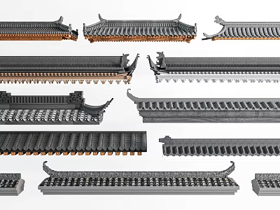 Traditional Chinese Architectural Roof Components With Various Ornate Tile Patterns And Eave Designs 3d model