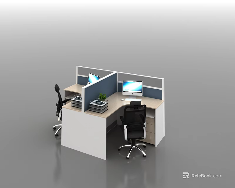 Modern Office Desk Workstation With Divider Panels Computer Monitors And Office Chairs 3d model