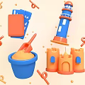 Vibrant Beach Sand Toy Collection With Blue Bucket Orange Shovel Lighthouse And Sandcastle