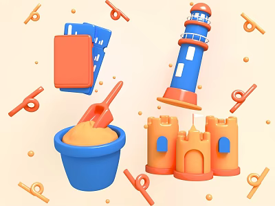 Vibrant Beach Sand Toy Collection With Blue Bucket Orange Shovel Lighthouse And Sandcastle 3d model