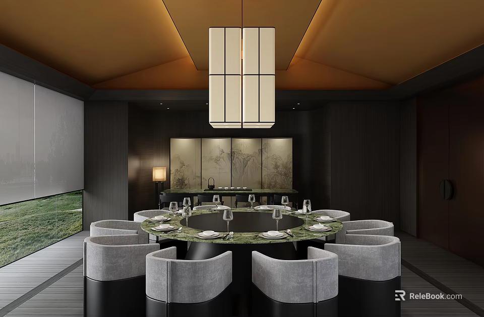 Elegant Private Dining Box With Round Table And Gray Chairs 3d model