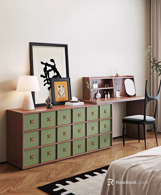 Stylish Vanity Table With Green Drawers Wooden Cabinet Table Lamp And Framed Artwork 3d model 