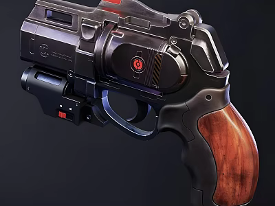 Tactical Revolver With Black Metal Frame Red Button And Wooden Grip 3d model