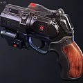 Tactical Revolver With Black Metal Frame Red Button And Wooden Grip