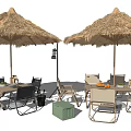 Cafe Outdoor Table and Chair Camping Style Folding Table and Chair Thatch Umbrella 3d model