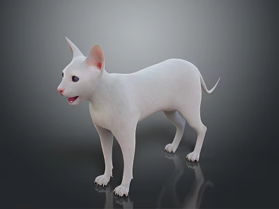White Cat 3D Rendered Standing On Black Background With Open Mouth And Ears Up 3d model