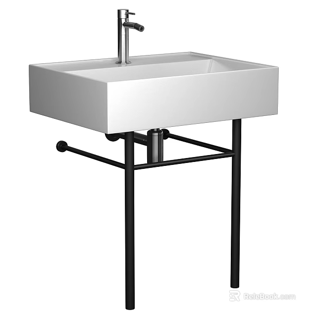 Modern Rectangular White Washbasin with Black Metal Stand and Faucet 3d model