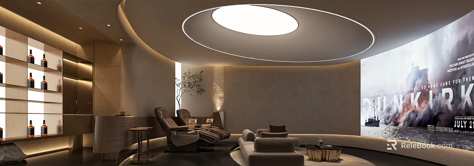 Elegant Modern Media Room Interior With Plush Recliners And Ambient Lighting Design 3d model 