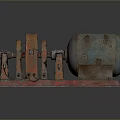 Rusty Mechanical Device Featuring Red Wheels Green Drum and Metal Base 3d model
