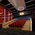 Cinema Interior With Red Seats Staircase Decorated Walls Lighting And Screen