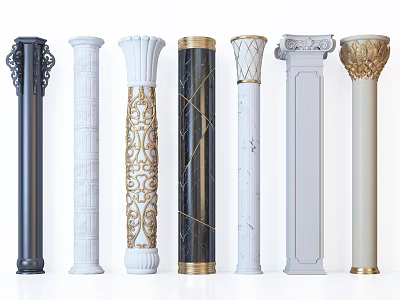 Decorative Roman Columns With Various Designs Including Marble Textures And Gold Accents 3d model