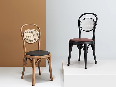 Two Modern Dining Chairs With Woven Backrest Wooden Black Frames And Black Red Seats 3d model